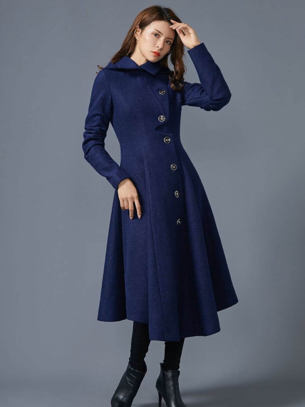 Blue wool princess coat with a flared skirt style